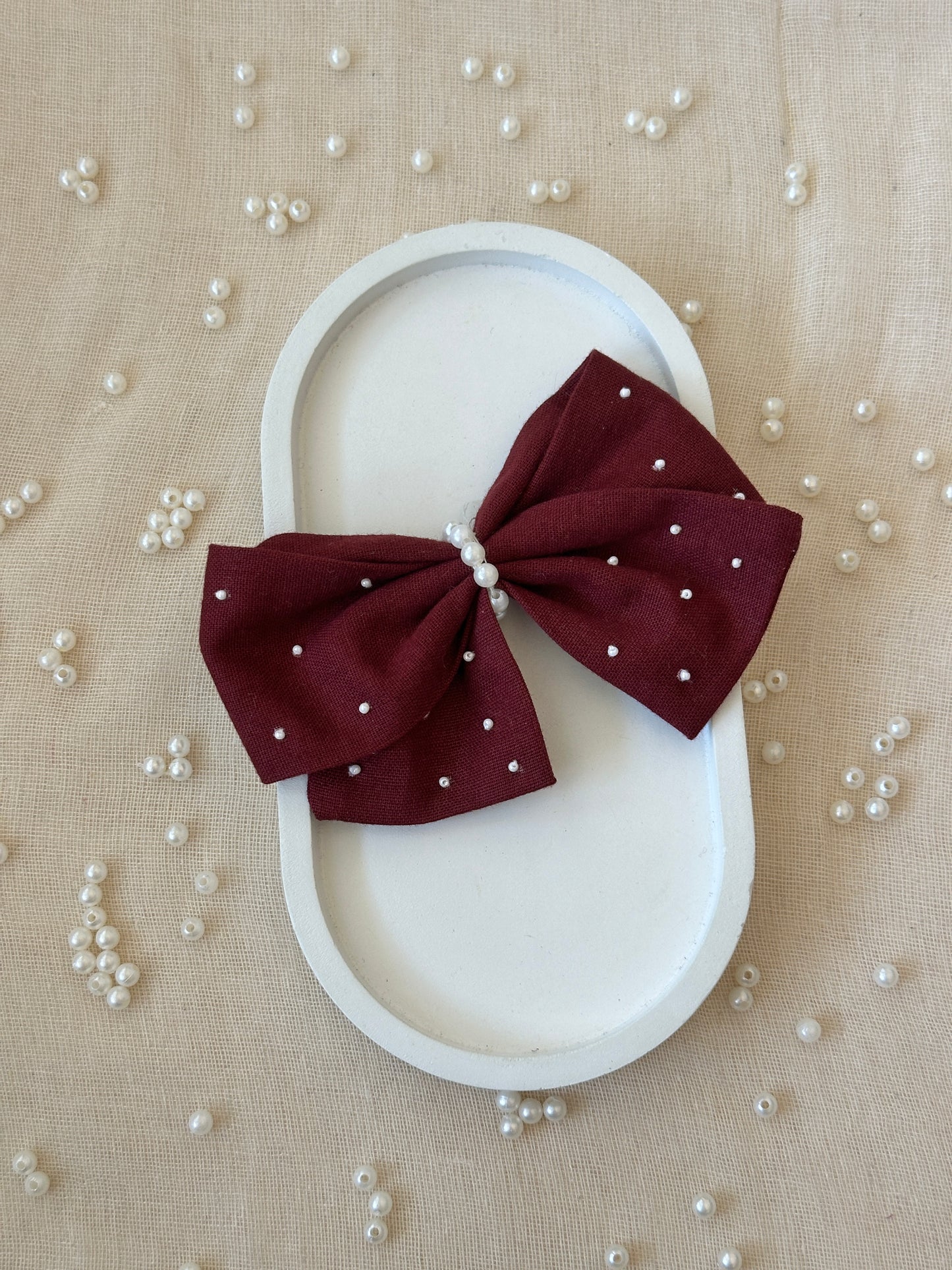 Wine Pearl Elegance Handmade Hair Bow