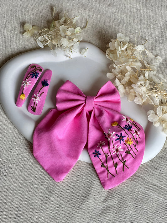 Pink Wildflowers Forest Hair Bow & Hair Clips Combo