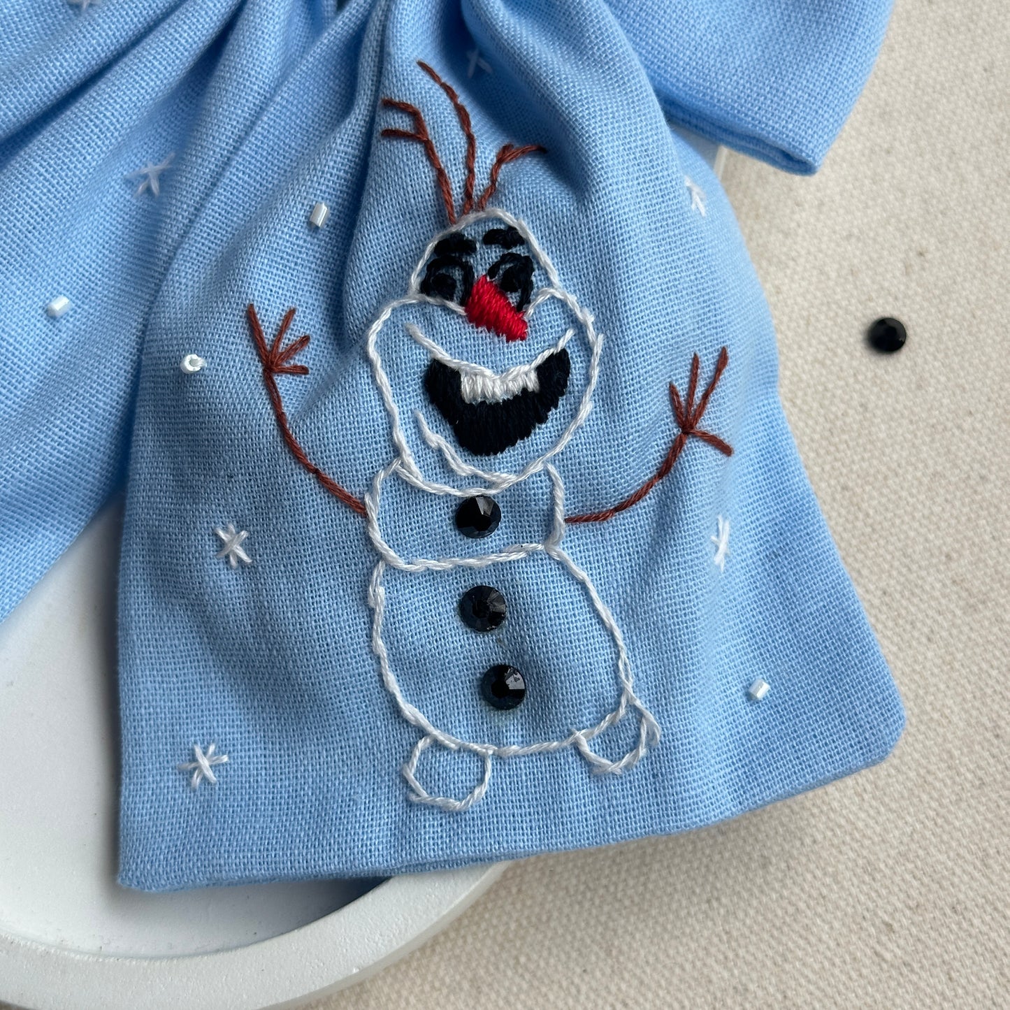 Snowman Hand Embroidery Hair Bow