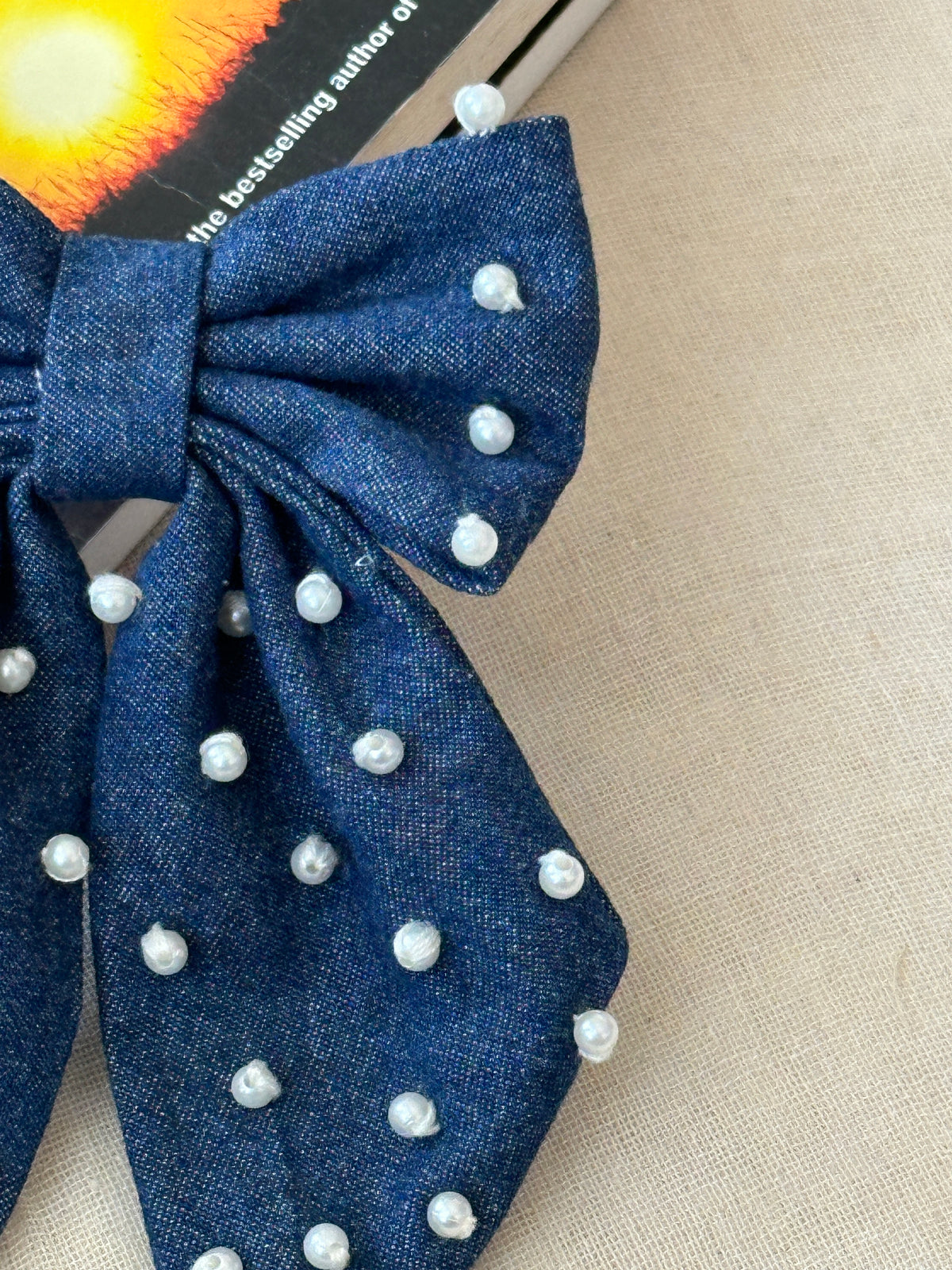 Denim With Pearl Hand Embroidery Hair Bow