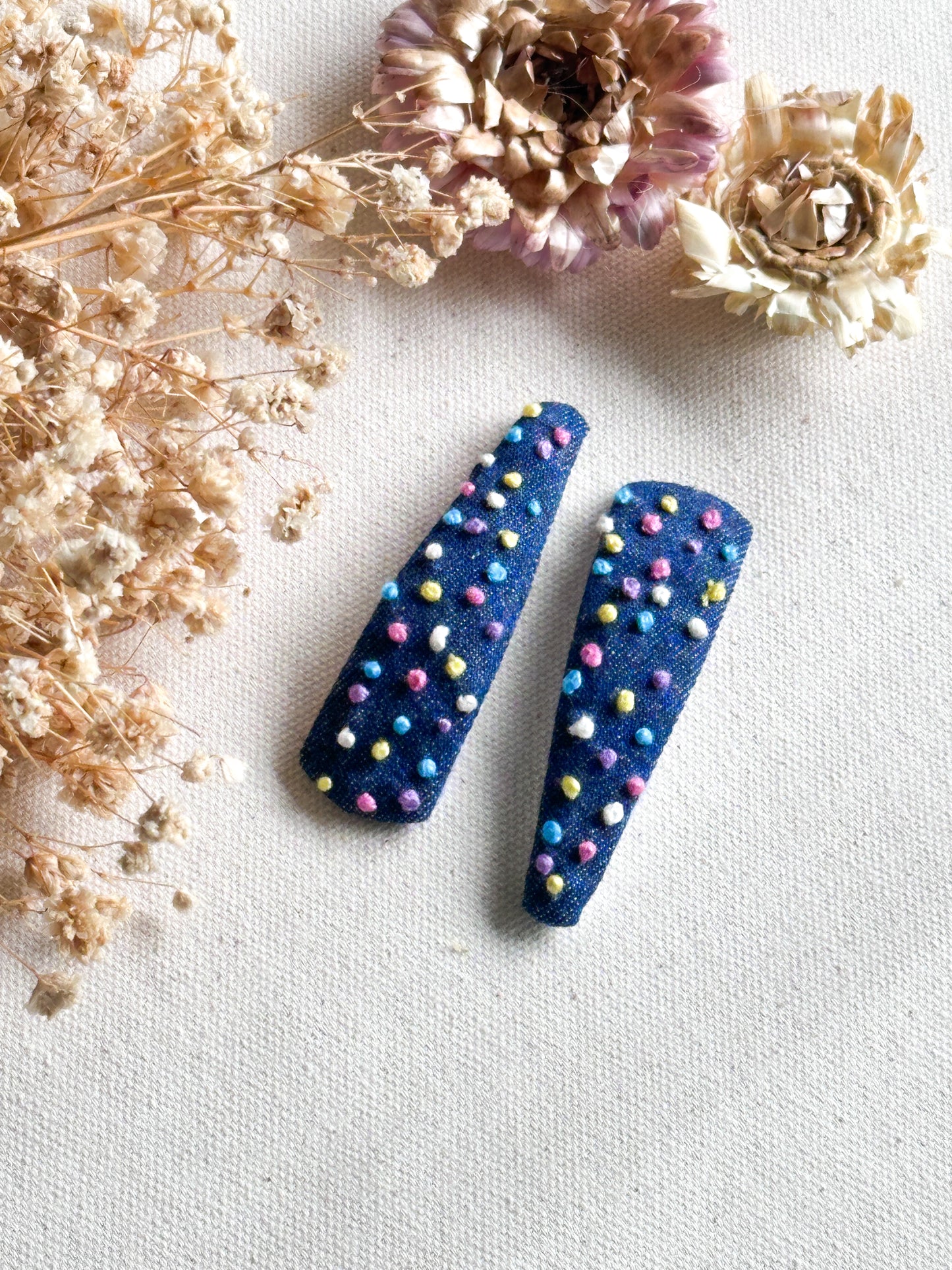 Denim Dot Bloom Handmade Hair Clips - Pack of 2