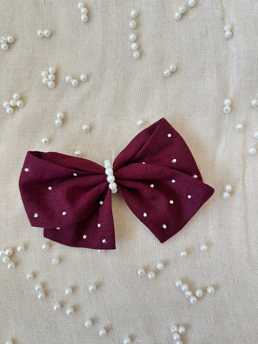 Wine Pearl Elegance Handmade Hair Bow