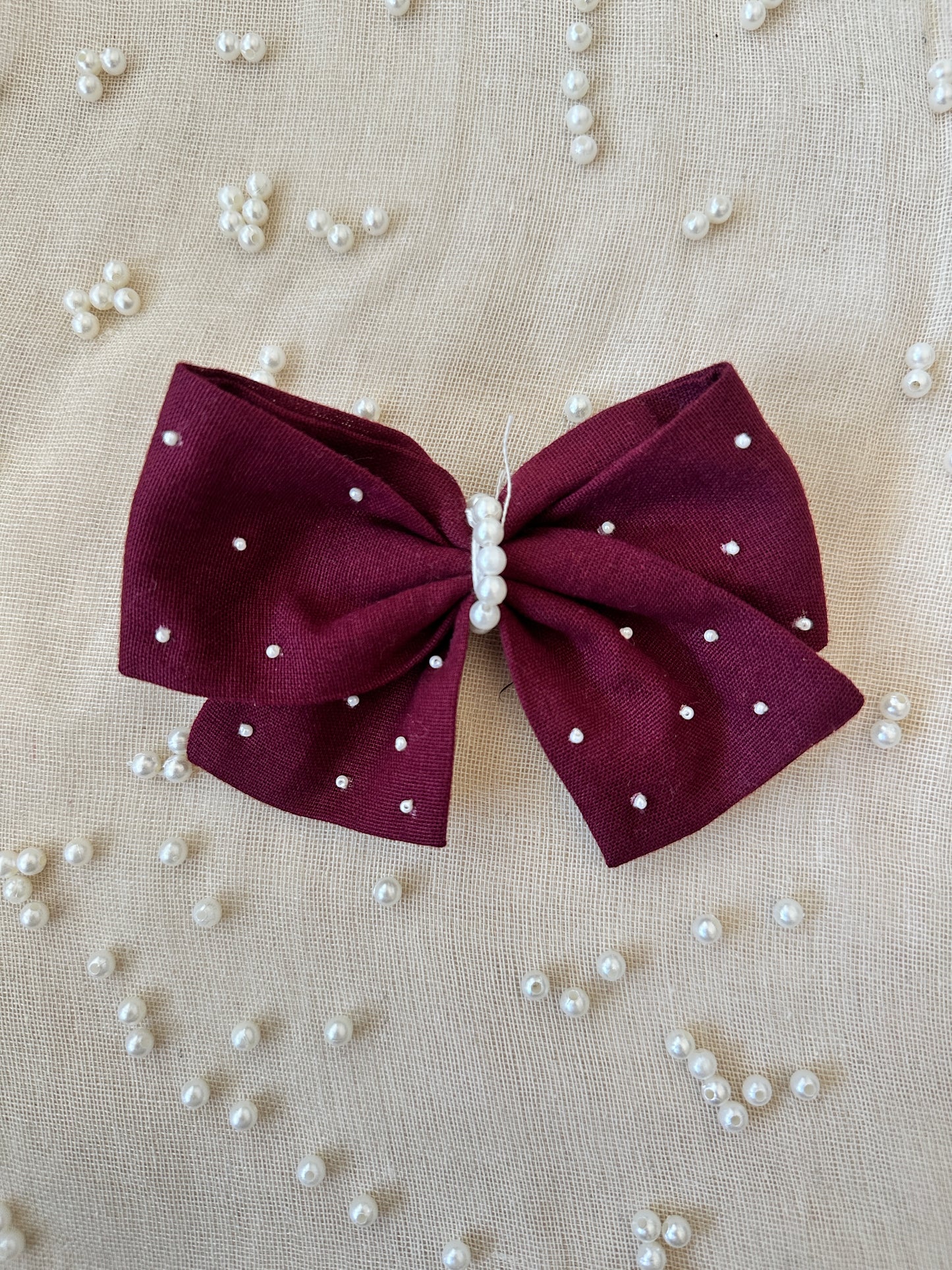 Wine Pearl Elegance Handmade Hair Bow