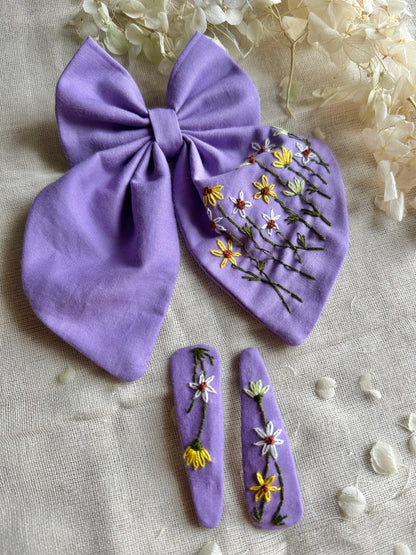 Purple Wildflower Forest Hair Bow & Hair Clips Combo