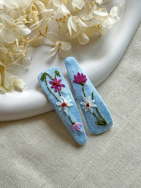 Blue WildFlower Forest HairBow & HairClip Combo