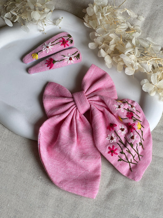 Dusty Pink Wildflowers Forest Hair Bow & Hair Clips Combo