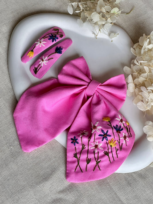 Pink Wildflowers Forest Hair Bow & Hair Clips Combo
