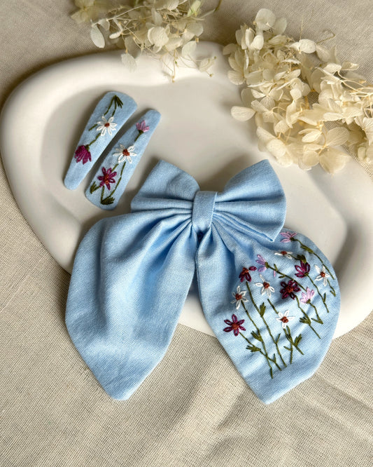 Blue WildFlower Forest HairBow & HairClip Combo