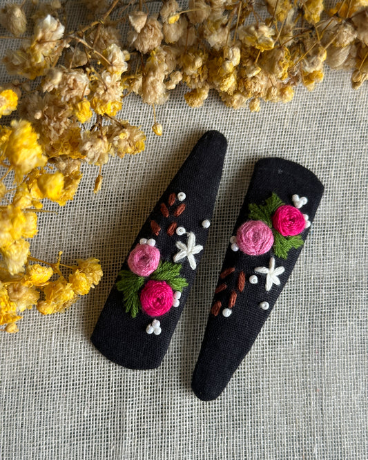 Black Floral Twist Handmade Hair Clips - Pack Of 2