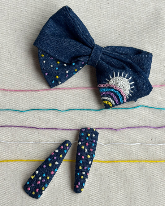 Jeans Rainbow Dot HairBow & HairClip