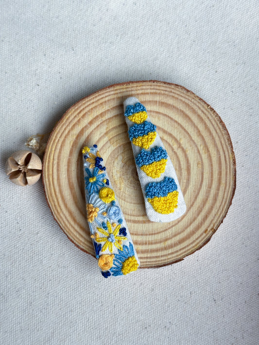 Blue & Yellow Flower Motif With Hearts Handmade Hair Clips - Pack of 2