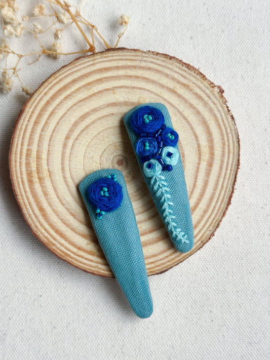 Sparkling Blue Roses Handmade Hair Clips - Pack of 2
