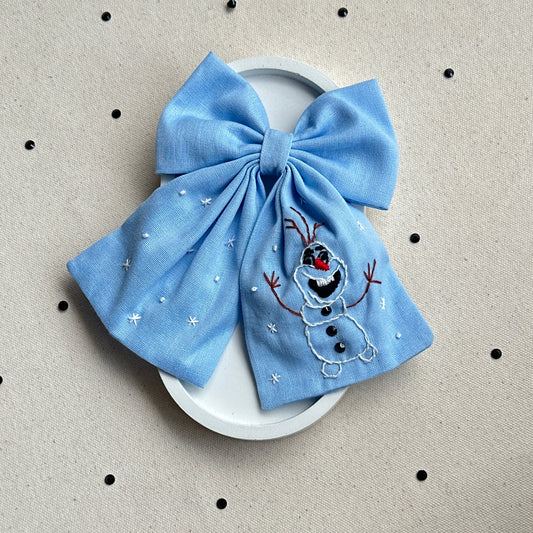 snowman Hand Embroidery Hair Bow