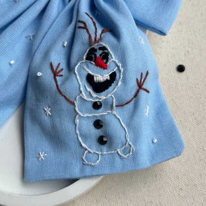 Snowman Hand Embroidery Hair Bow