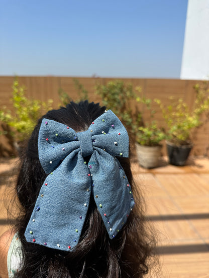 Light Blue Denim Hand Embroidery Hair Bow