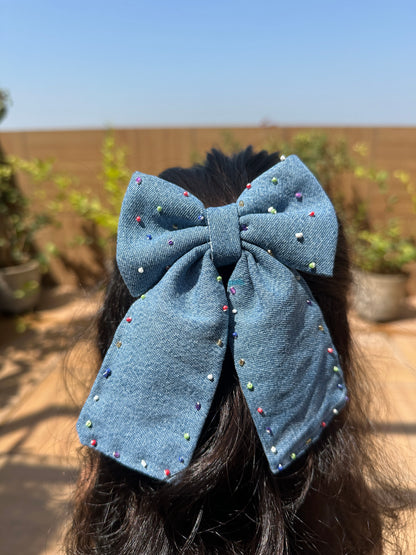 Light Blue Denim Hand Embroidery Hair Bow