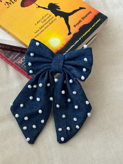 Denim With Pearl Hand Embroidery Hair Bow