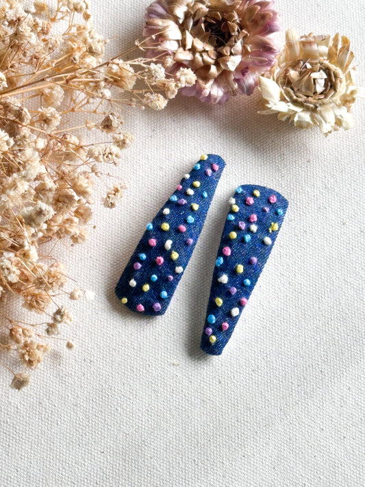Denim Dot Bloom Handmade Hair Clips - Pack of 2